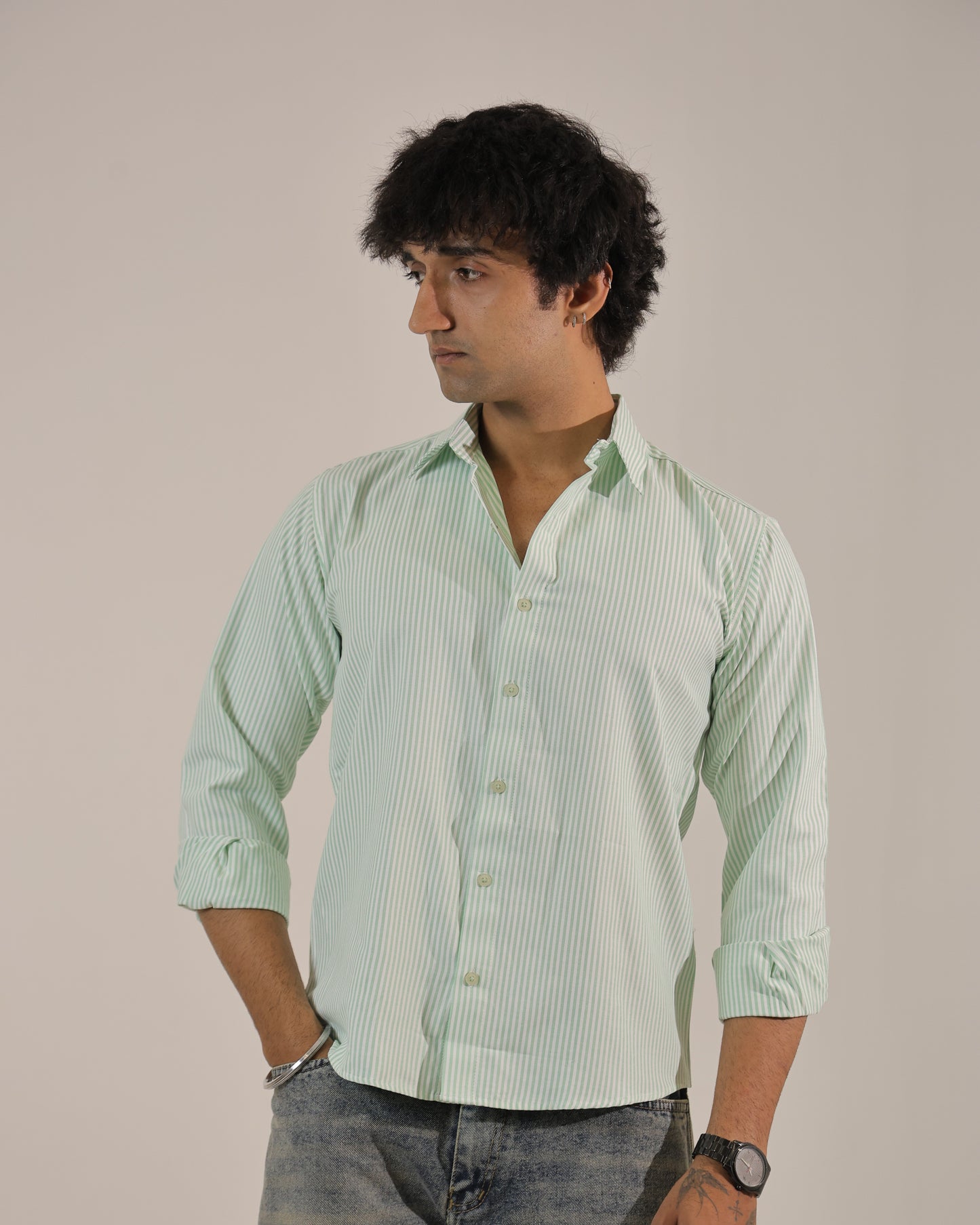Men's Green Stripe Regular Fit Shirt