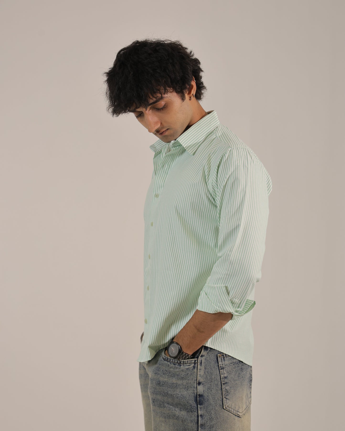 Men's Green Stripe Regular Fit Shirt