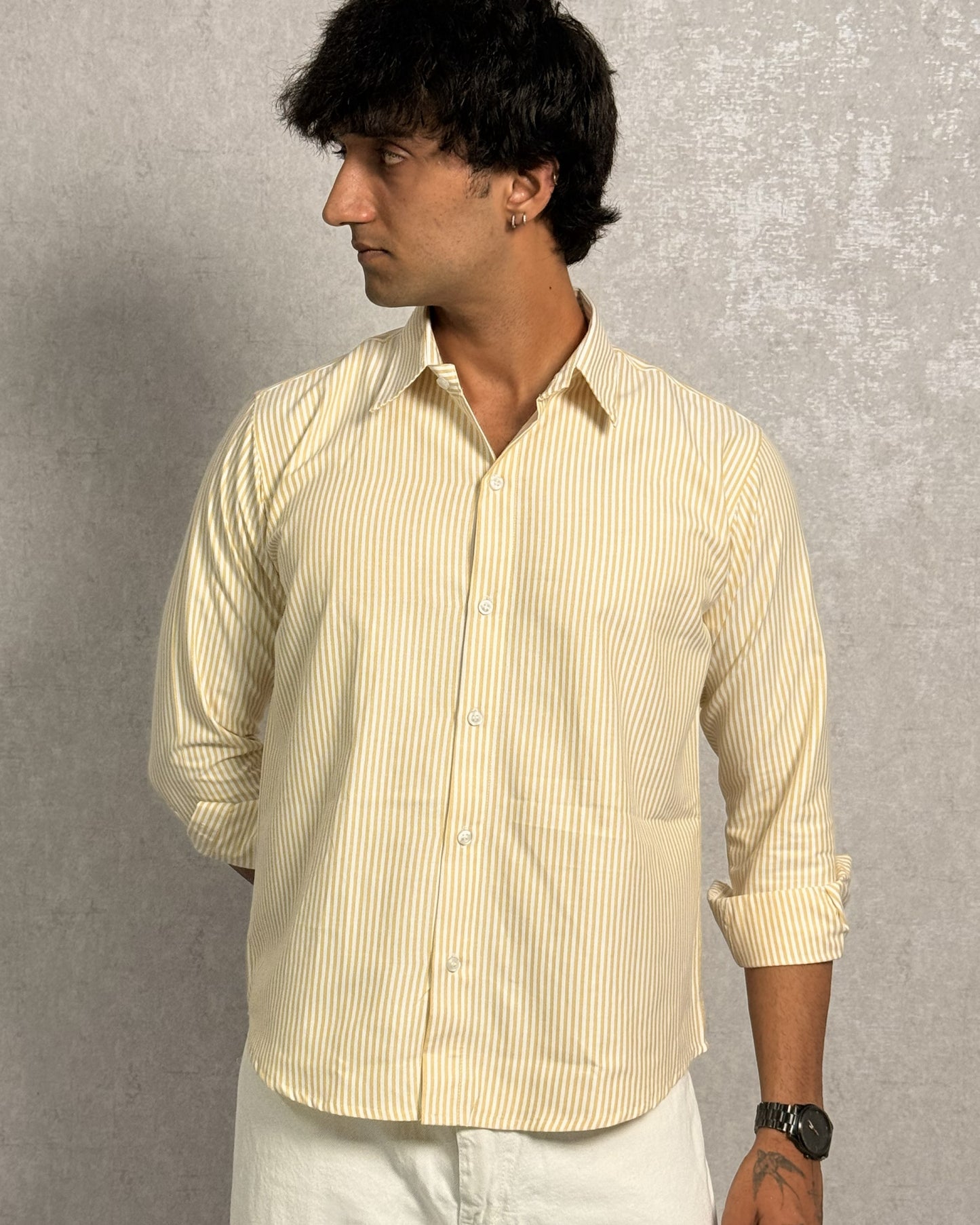 Men's Cream Beige Stripe Regular Fit Shirt